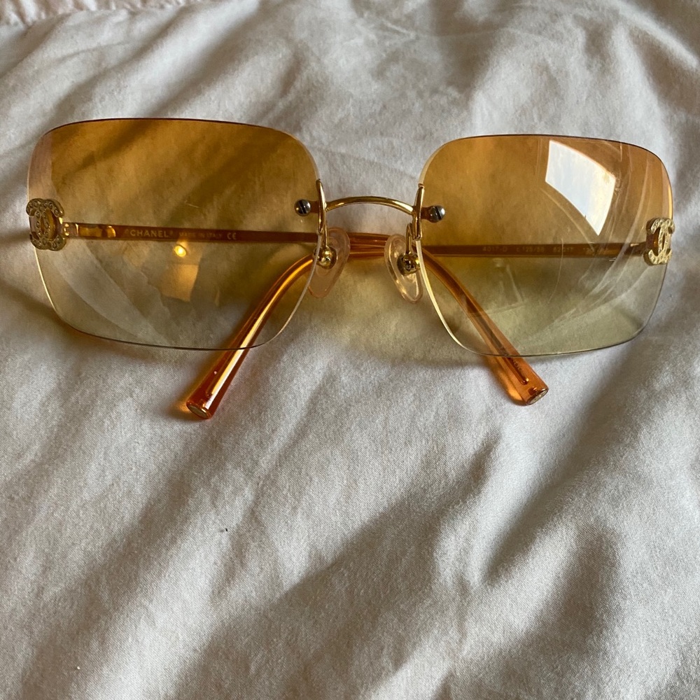 Auth Chanel orange clear 4017 rhinestone cc logo sunglasses